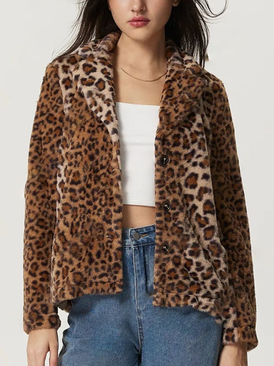 Fuzzy Leopard Collared Neck Jacket - S. M. & Co.