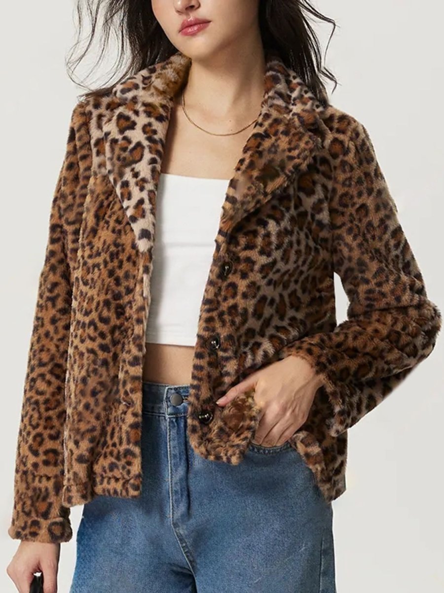 Fuzzy Leopard Collared Neck Jacket - S. M. & Co.