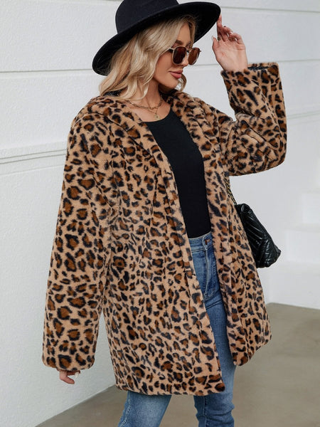 Fuzzy Leopard Hooded Long Sleeve Jacket - S. M. & Co.