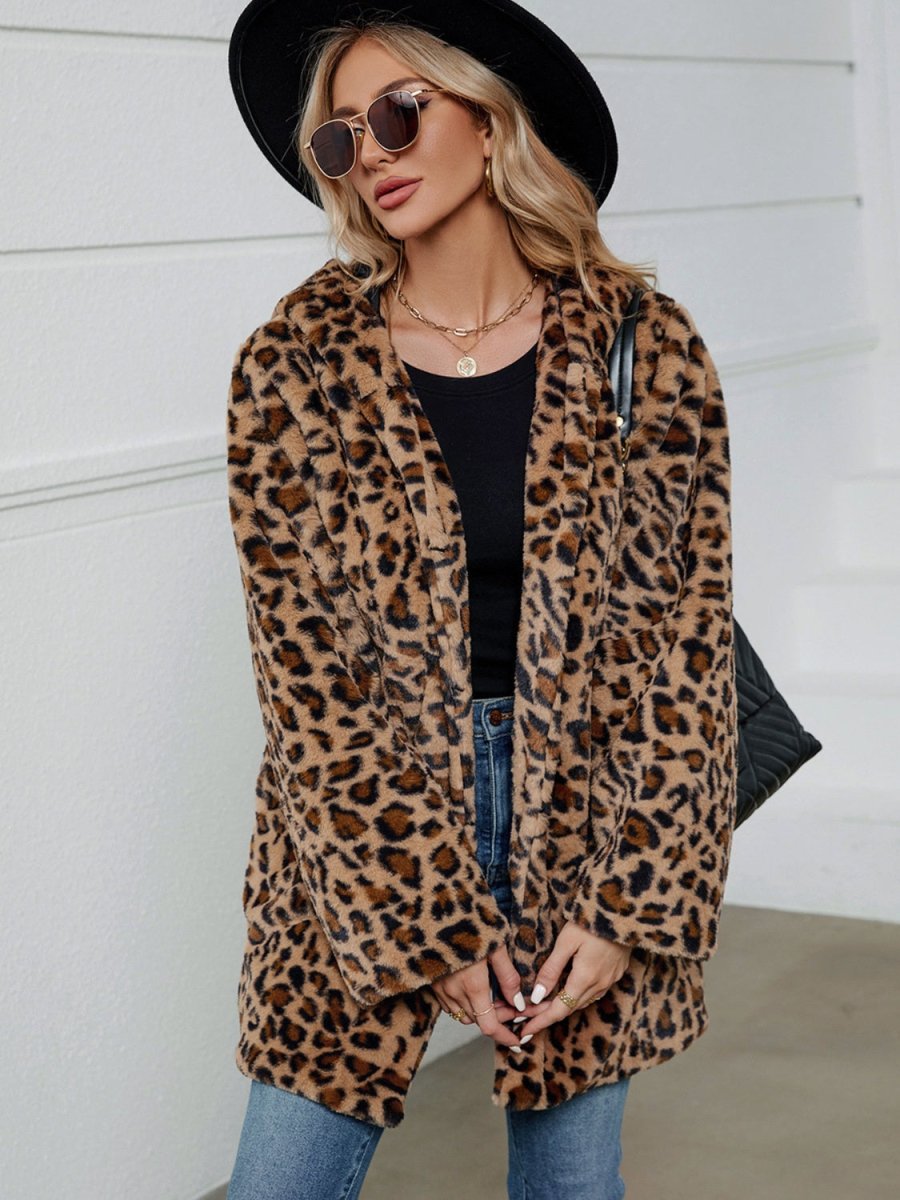 Fuzzy Leopard Hooded Long Sleeve Jacket - S. M. & Co.