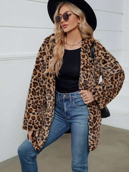 Fuzzy Leopard Hooded Long Sleeve Jacket - S. M. & Co.