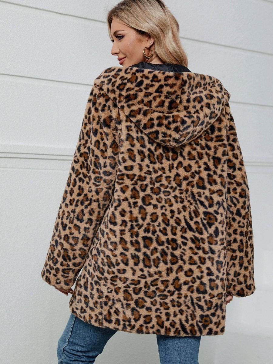 Fuzzy Leopard Hooded Long Sleeve Jacket - S. M. & Co.