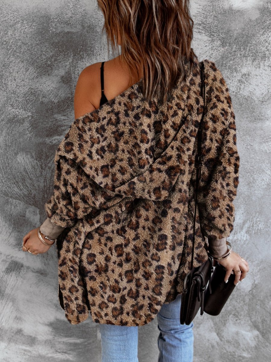 Fuzzy Leopard Long Sleeve Hooded Jacket - S. M. & Co.