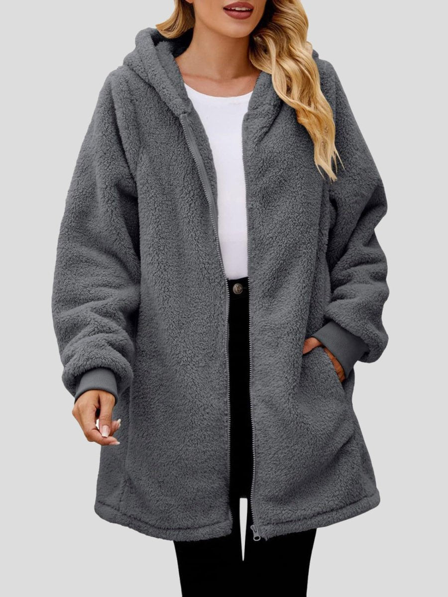 Fuzzy Pocketed Zip Up Long Sleeve Hooded Jacket - S. M. & Co.