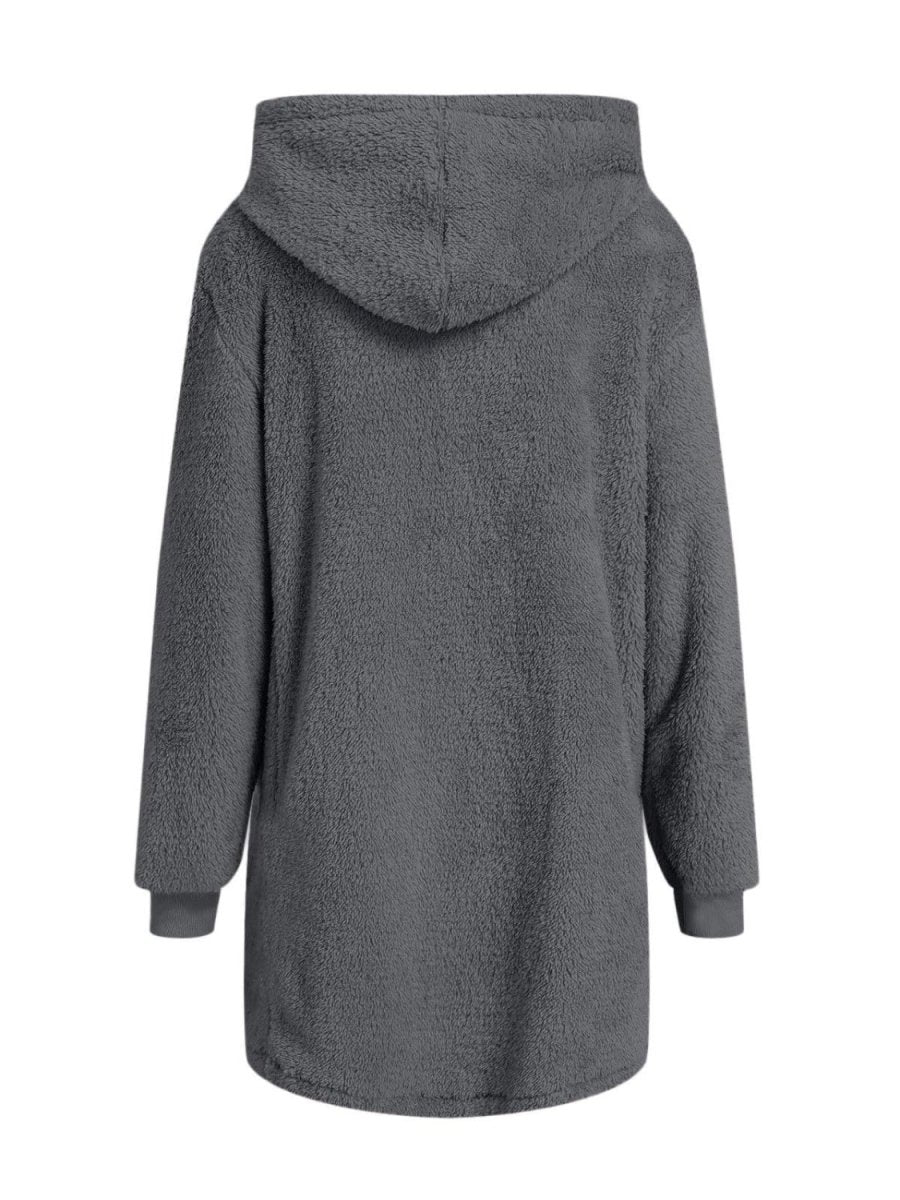 Fuzzy Pocketed Zip Up Long Sleeve Hooded Jacket - S. M. & Co.