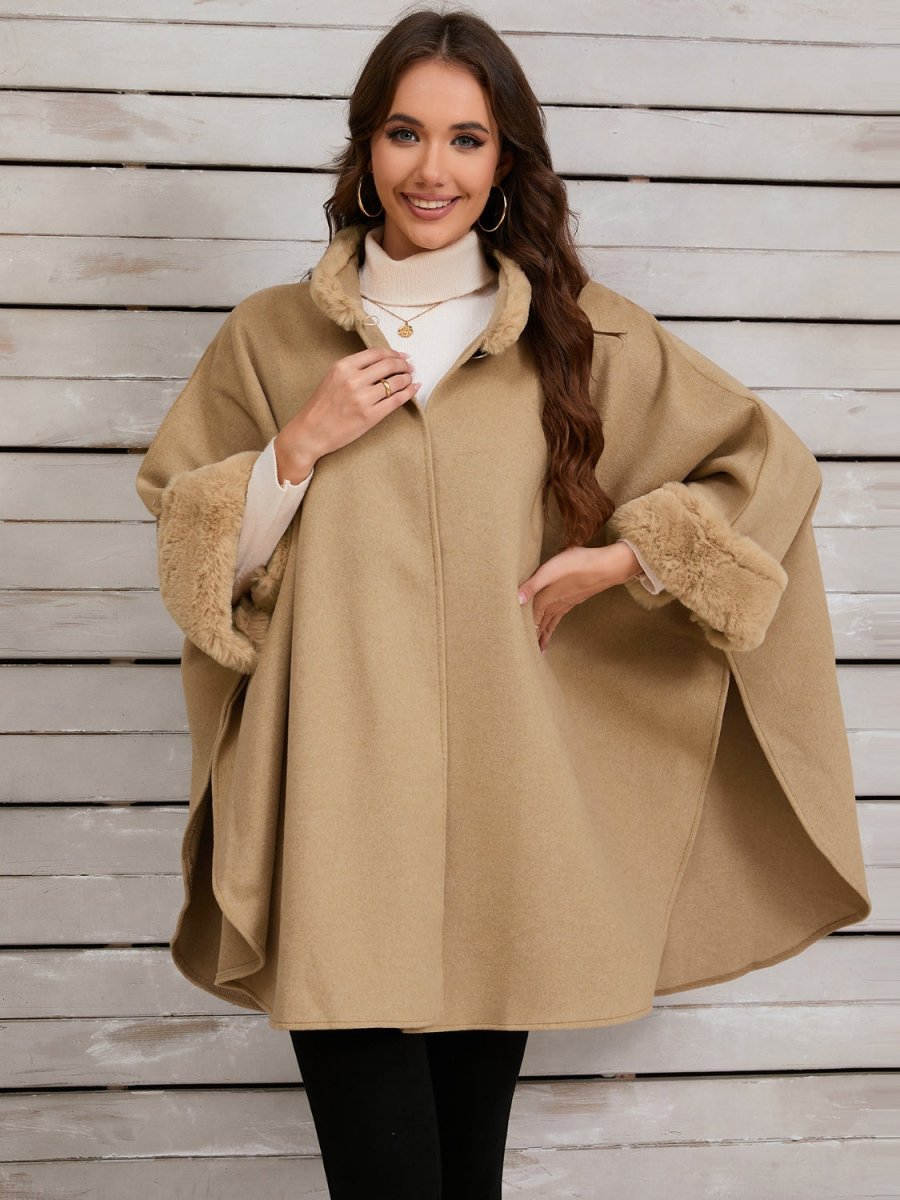 Fuzzy Trim Long Sleeve Poncho - S. M. & Co.