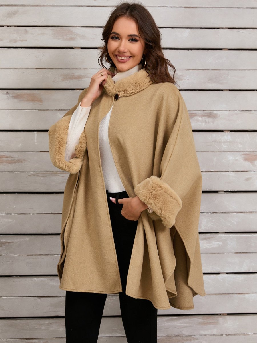 Fuzzy Trim Long Sleeve Poncho - S. M. & Co.