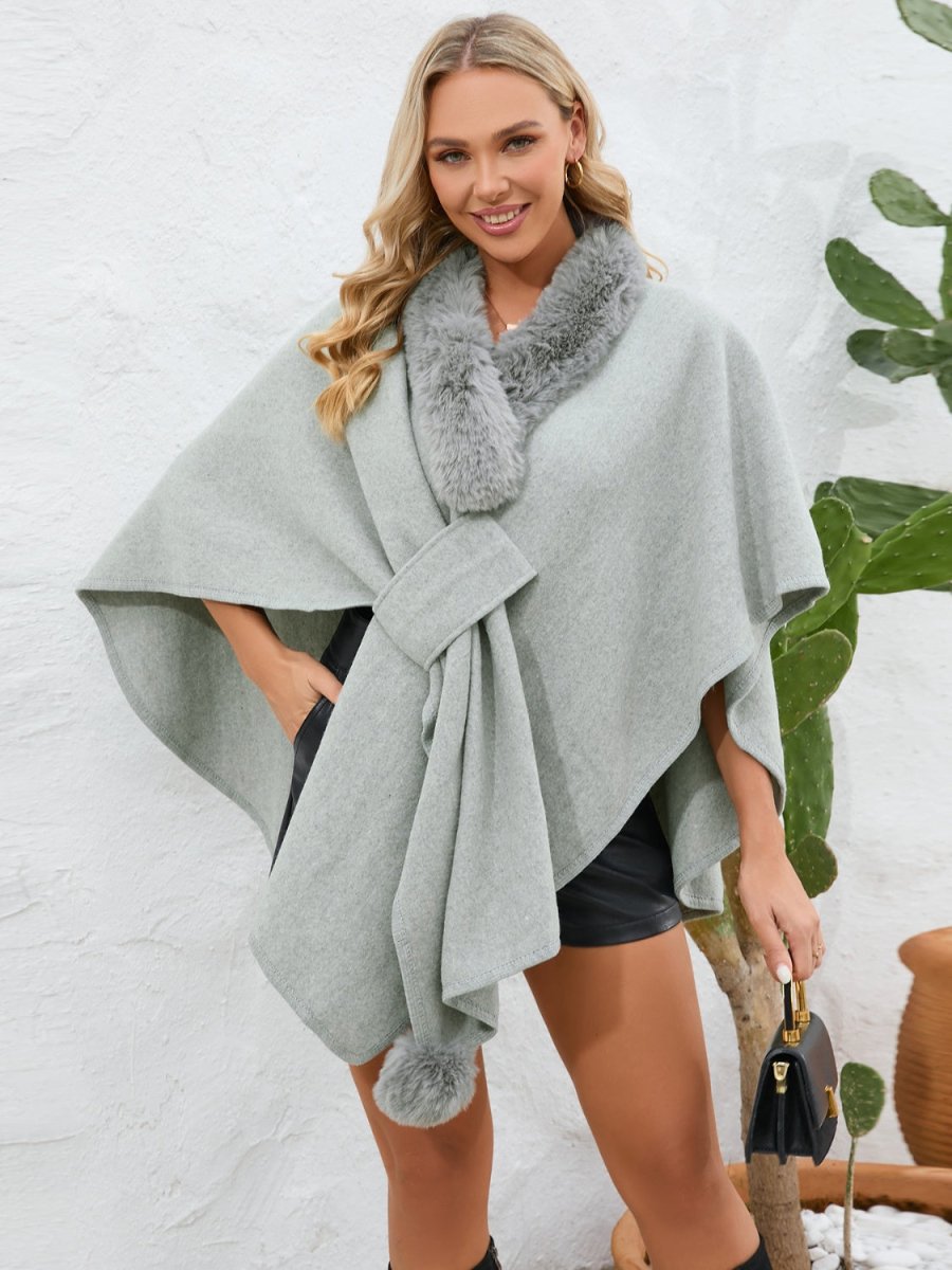 Fuzzy Trim Open Front Poncho - S. M. & Co.