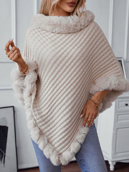 Fuzzy Trim Texture Three - Quarter Sleeve Poncho - S. M. & Co.