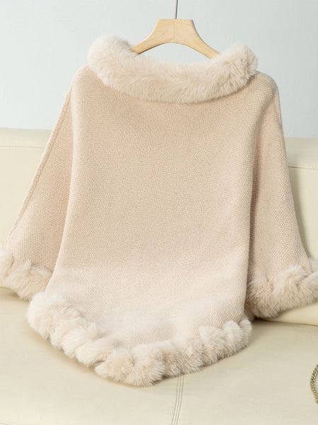 Fuzzy Trim Texture Three - Quarter Sleeve Poncho - S. M. & Co.