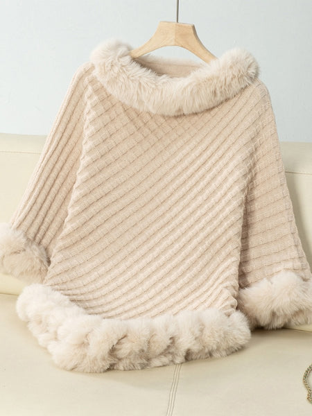 Fuzzy Trim Texture Three - Quarter Sleeve Poncho - S. M. & Co.