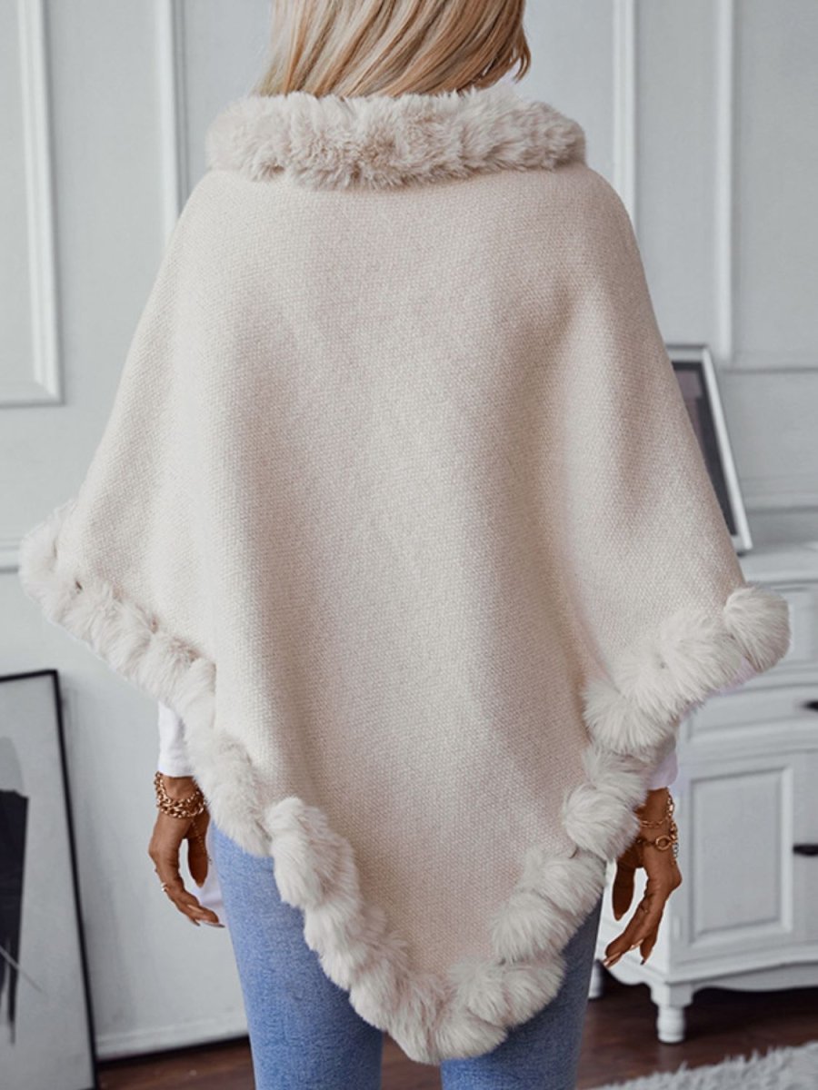 Fuzzy Trim Texture Three - Quarter Sleeve Poncho - S. M. & Co.