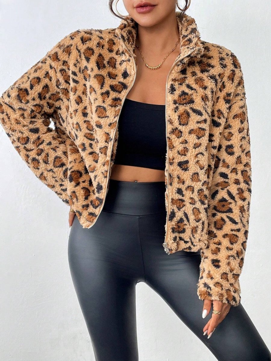 Fuzzy Turtleneck Leopard Zip Up Jacket - S. M. & Co.