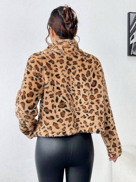 Fuzzy Turtleneck Leopard Zip Up Jacket - S. M. & Co.