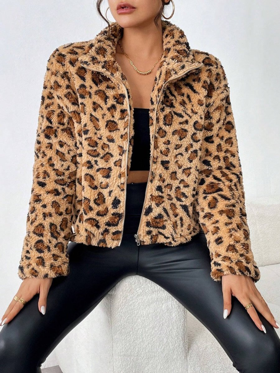 Fuzzy Turtleneck Leopard Zip Up Jacket - S. M. & Co.