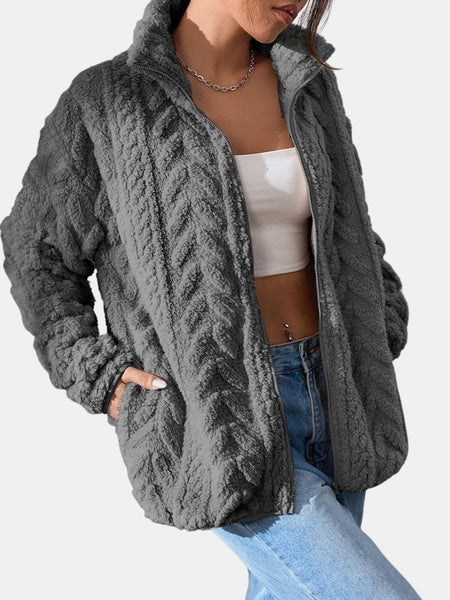 Fuzzy Zip Up Long Sleeve Jacket - S. M. & Co.