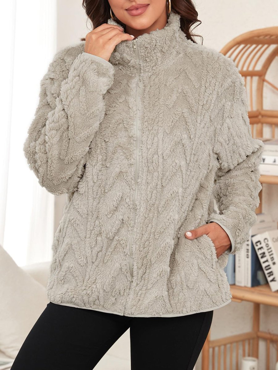 Fuzzy Zip Up Long Sleeve Jacket - S. M. & Co.