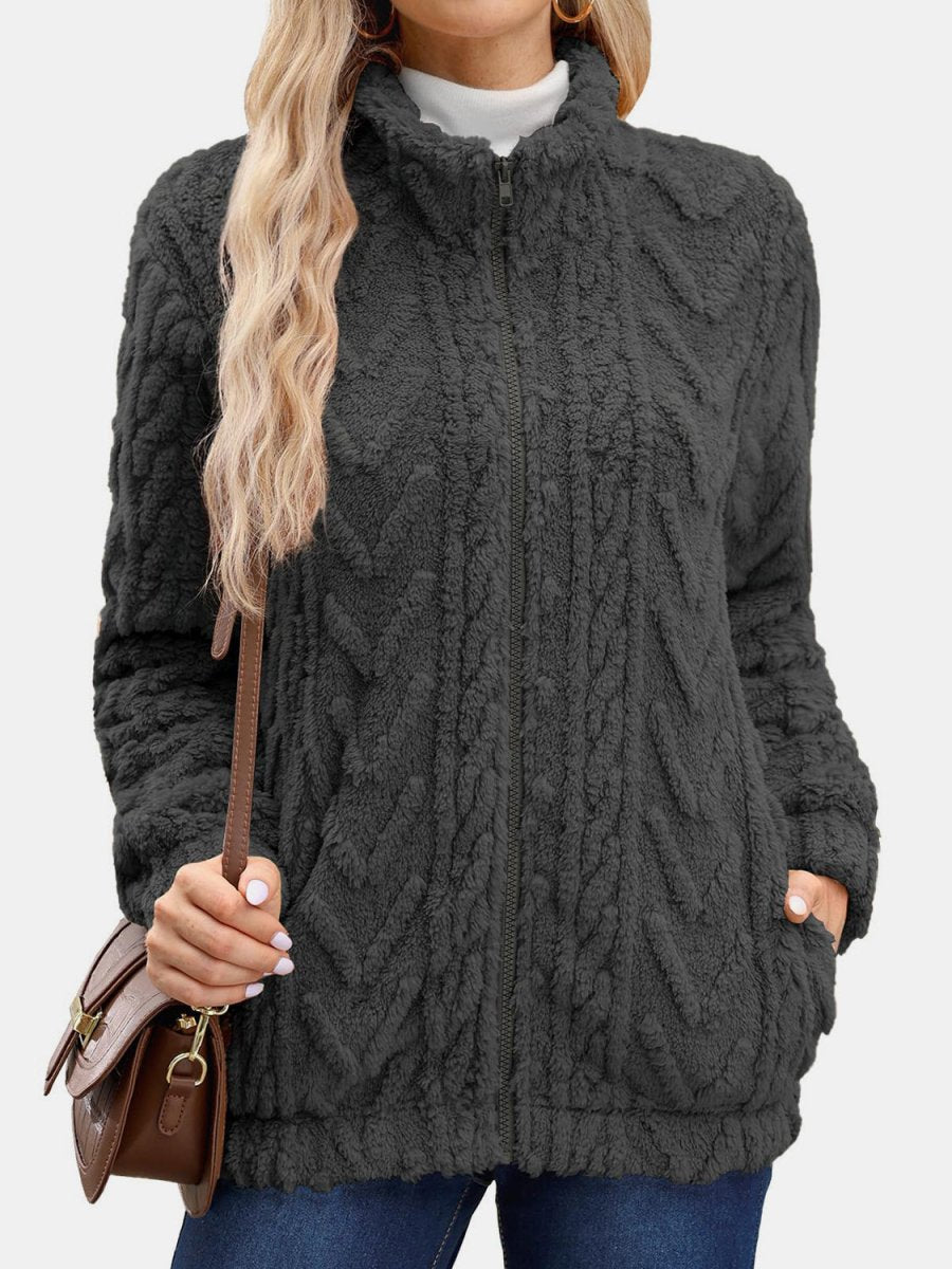 Fuzzy Zip Up Long Sleeve Jacket - S. M. & Co.