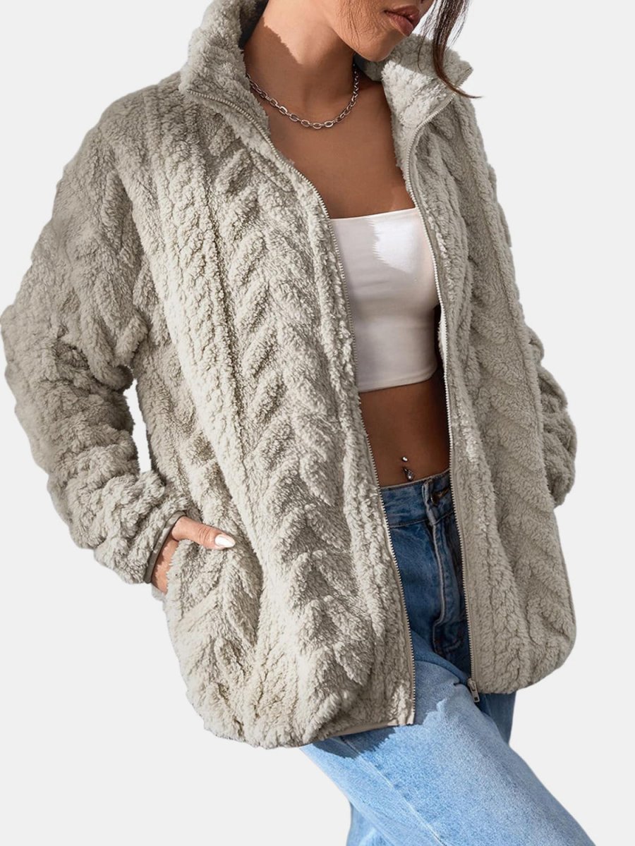 Fuzzy Zip Up Long Sleeve Jacket - S. M. & Co.