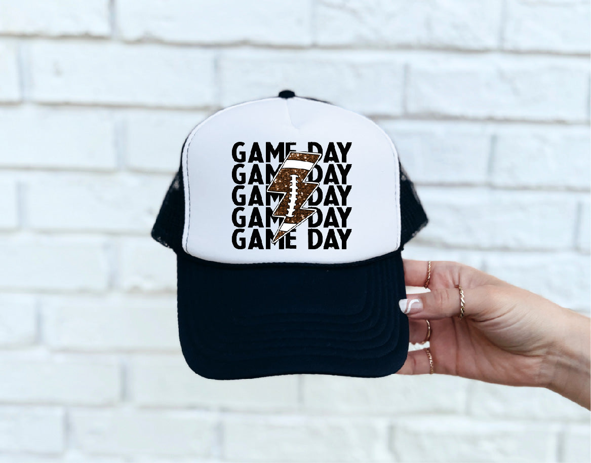 Game Day Football DTF Printed Black & White Trucker Hat - S. M. & Co. Shirts & Tops