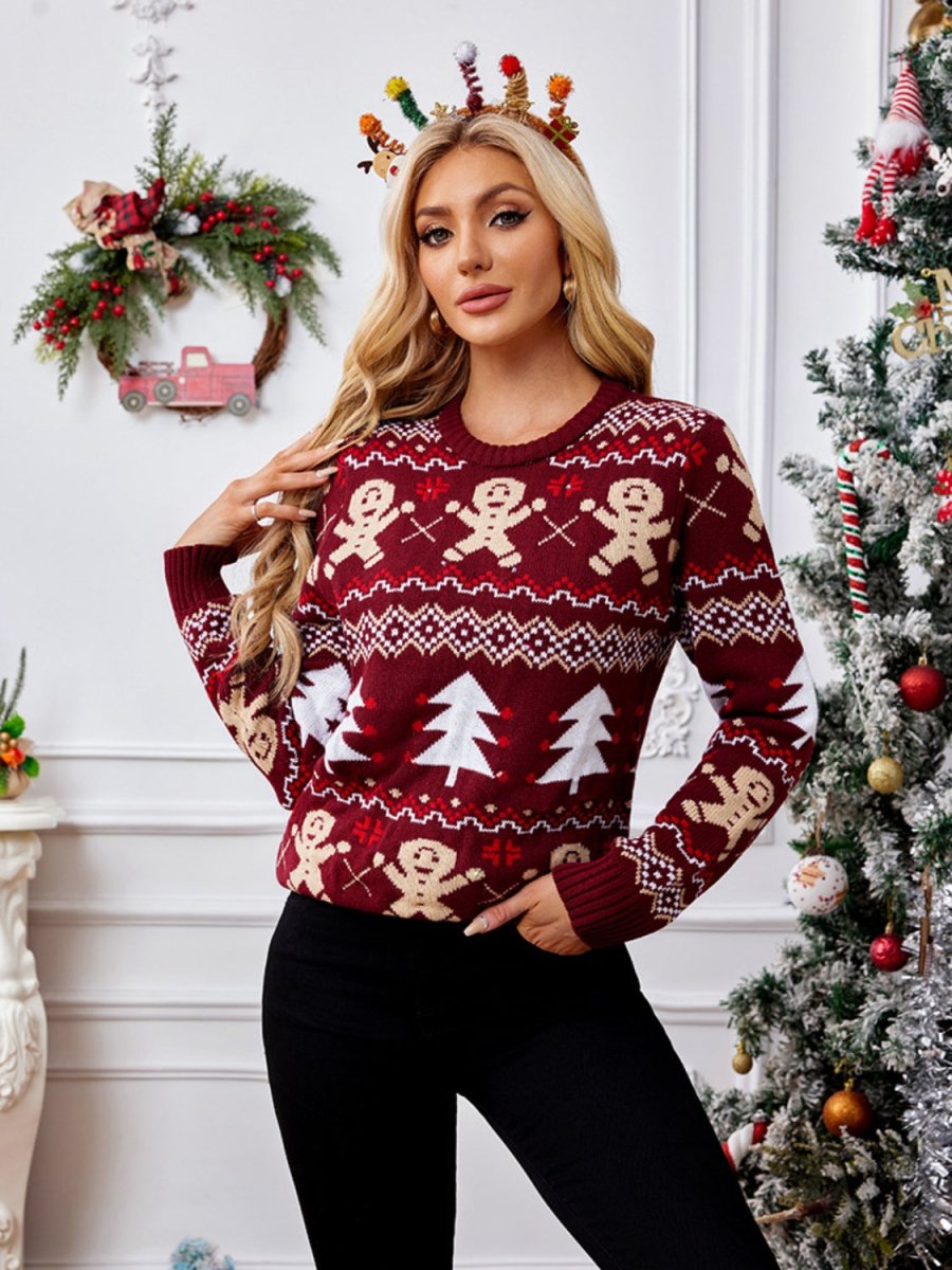 Gingerbread Round Neck Long Sleeve Sweater - S. M. & Co.