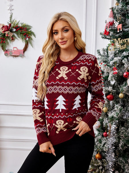 Gingerbread Round Neck Long Sleeve Sweater - S. M. & Co.