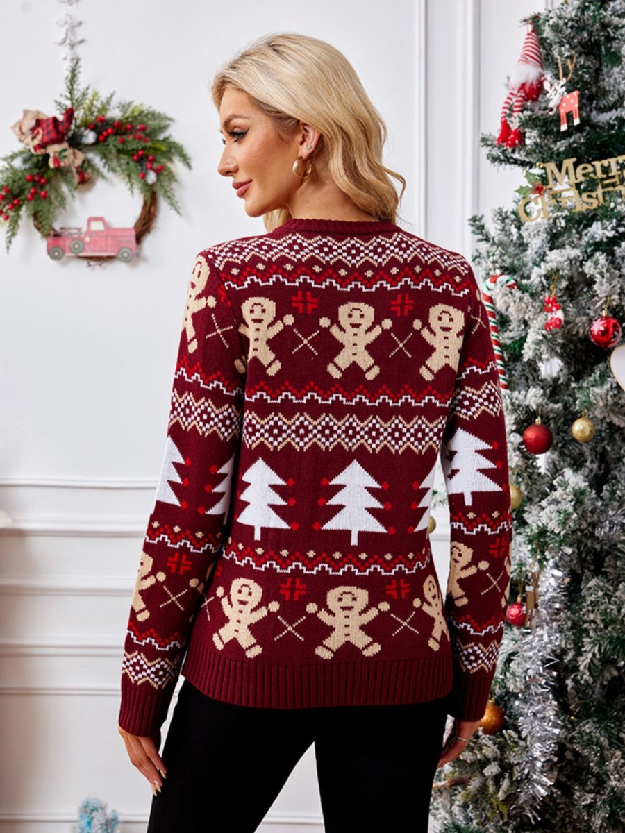 Gingerbread Round Neck Long Sleeve Sweater - S. M. & Co.