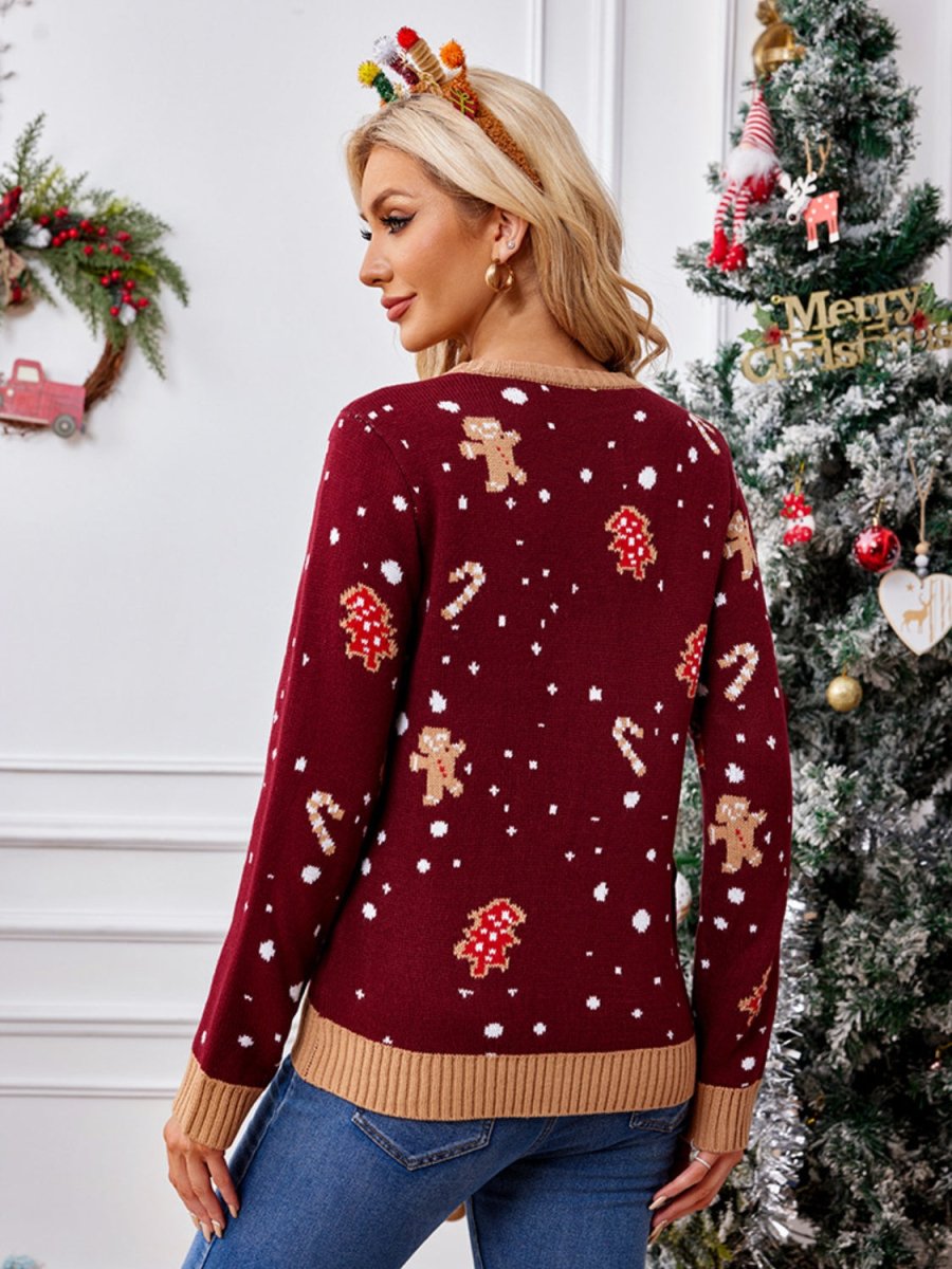 Gingerbread Round Neck Long Sleeve Sweater - S. M. & Co.