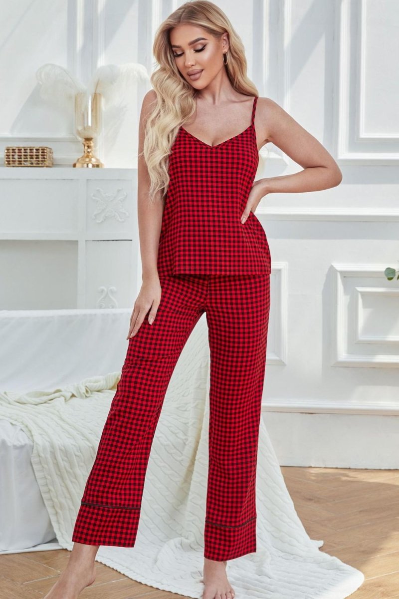 Gingham V - Neck Cami and Tied Pants Lounge Set - S. M. & Co.