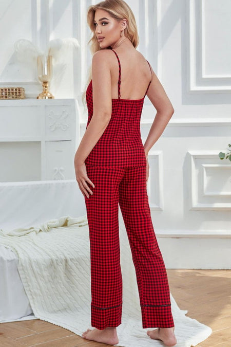 Gingham V - Neck Cami and Tied Pants Lounge Set - S. M. & Co.