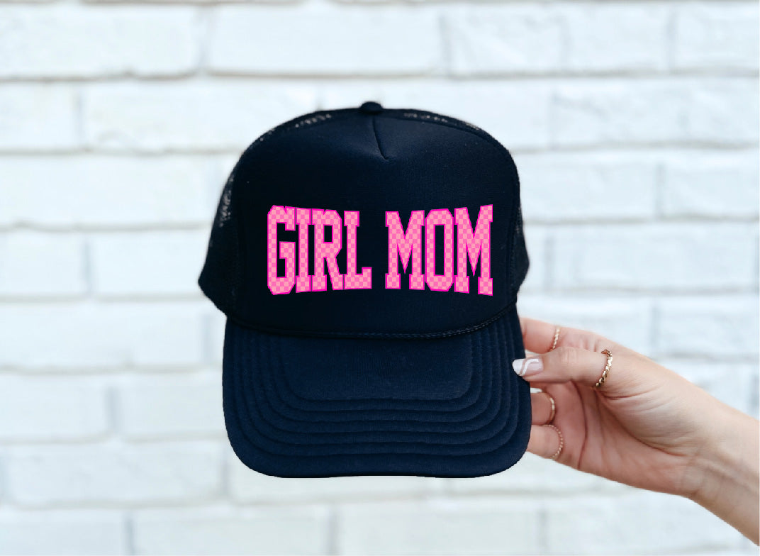 Checkered Girl Mom DTF Printed Black Trucker Hat I - S. M. & Co. Shirts & Tops