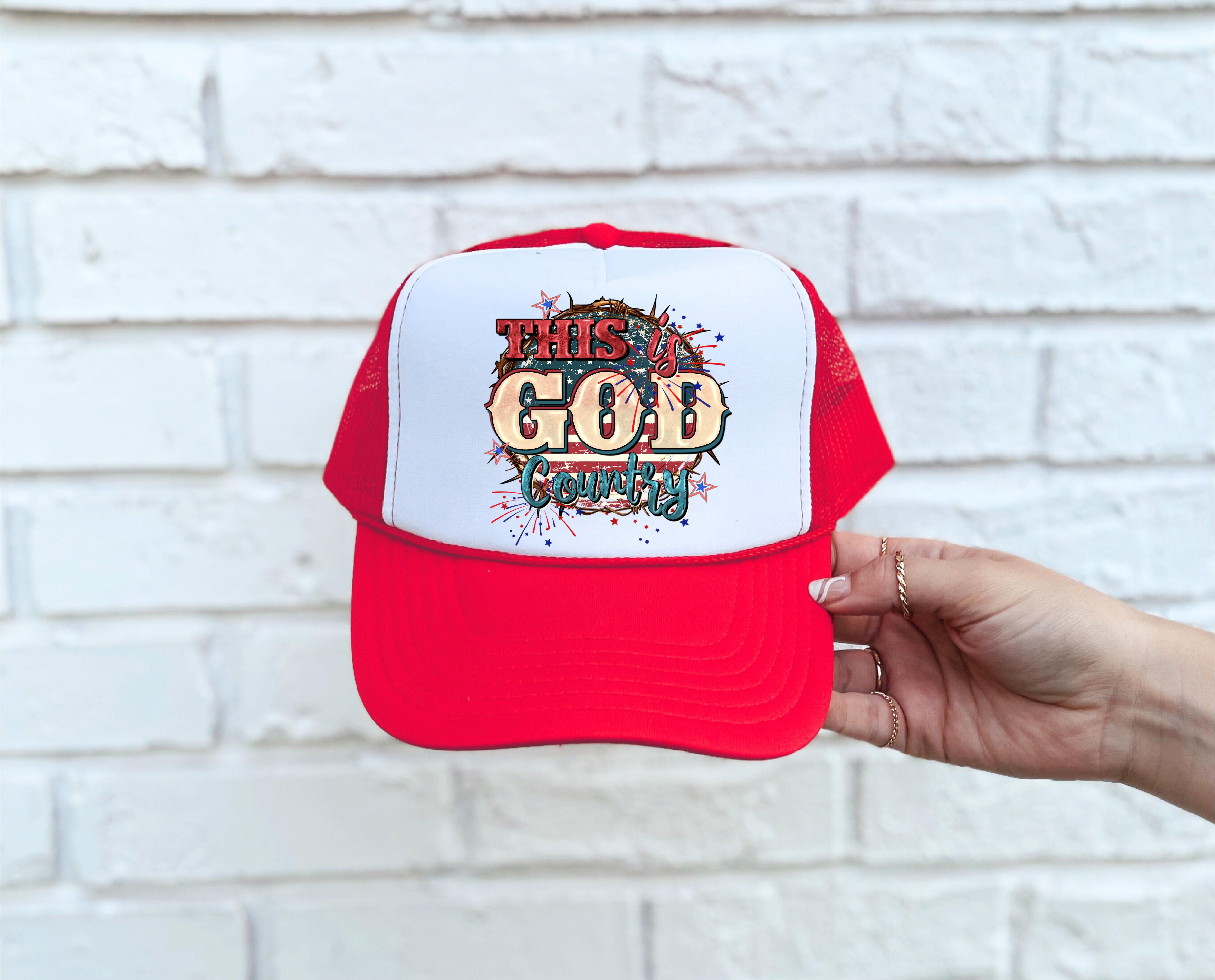 God Country DTF Printed Red & White Trucker Hat - S. M. & Co. Shirts & Tops