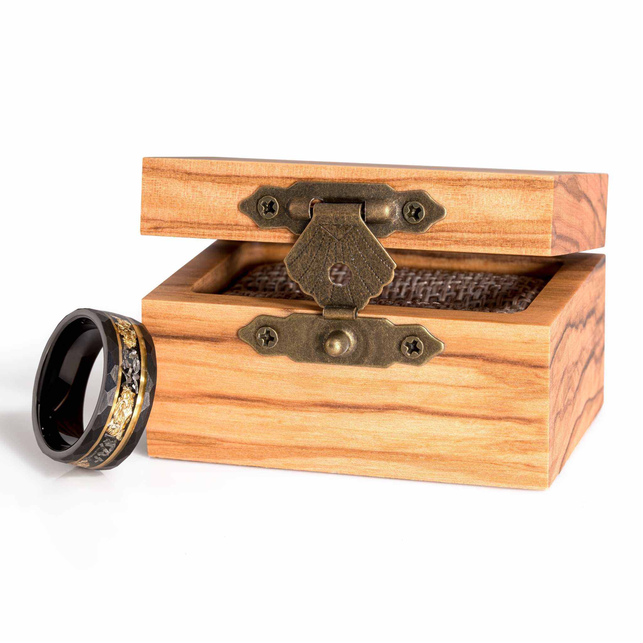 Meteorite x 22K Gold Leaf Hammered Black Tungten Carbide Ring