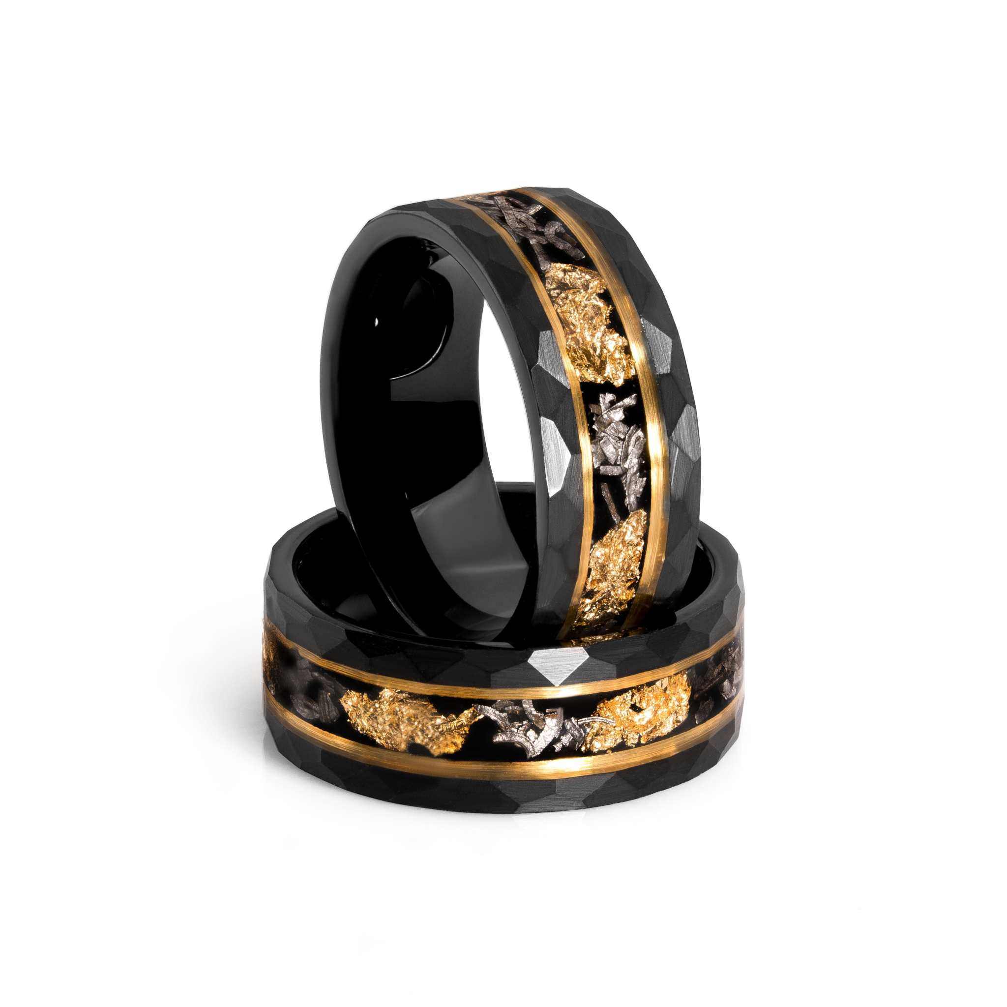 Meteorite x 22K Gold Leaf Hammered Black Tungten Carbide Ring