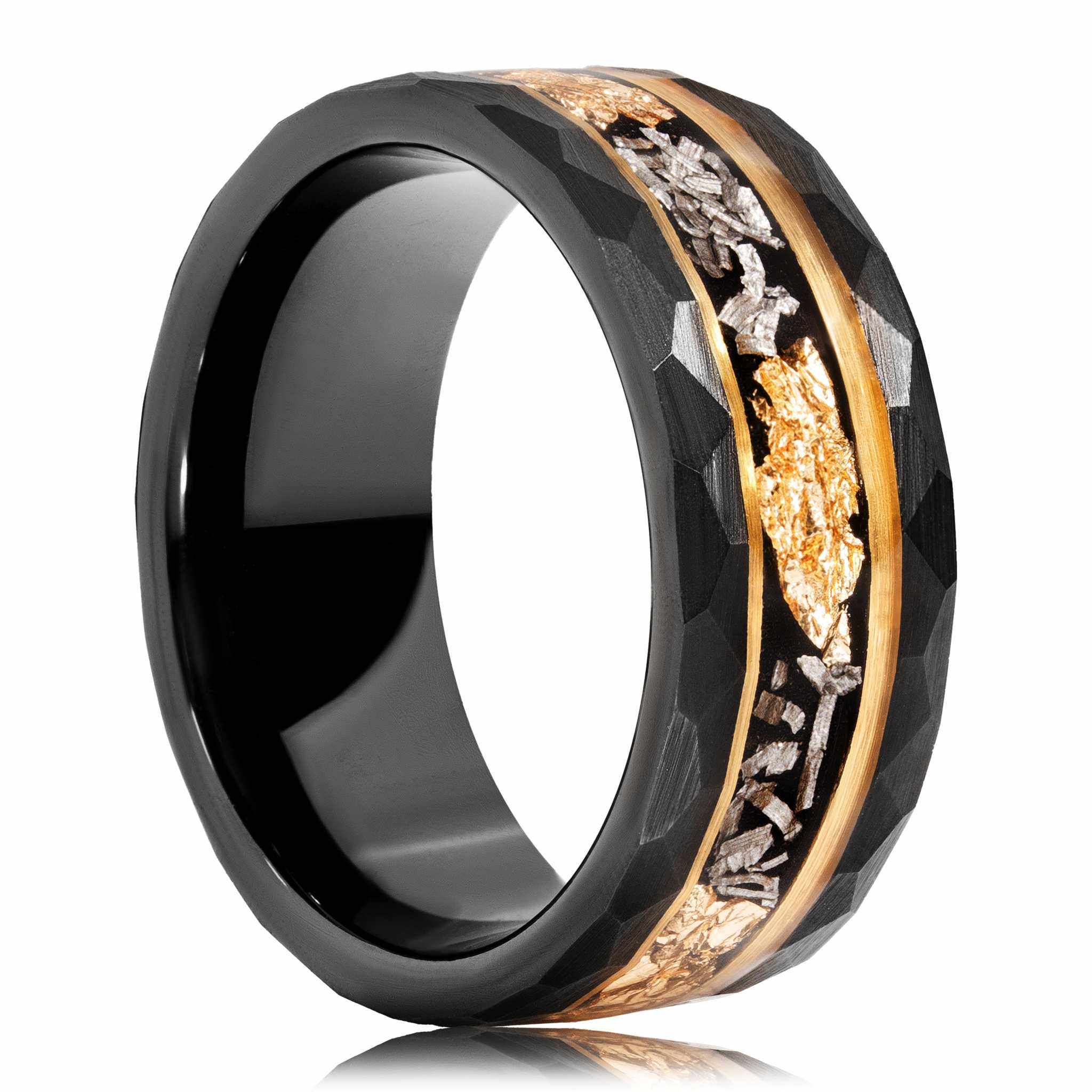 Meteorite x 22K Gold Leaf Hammered Black Tungten Carbide Ring