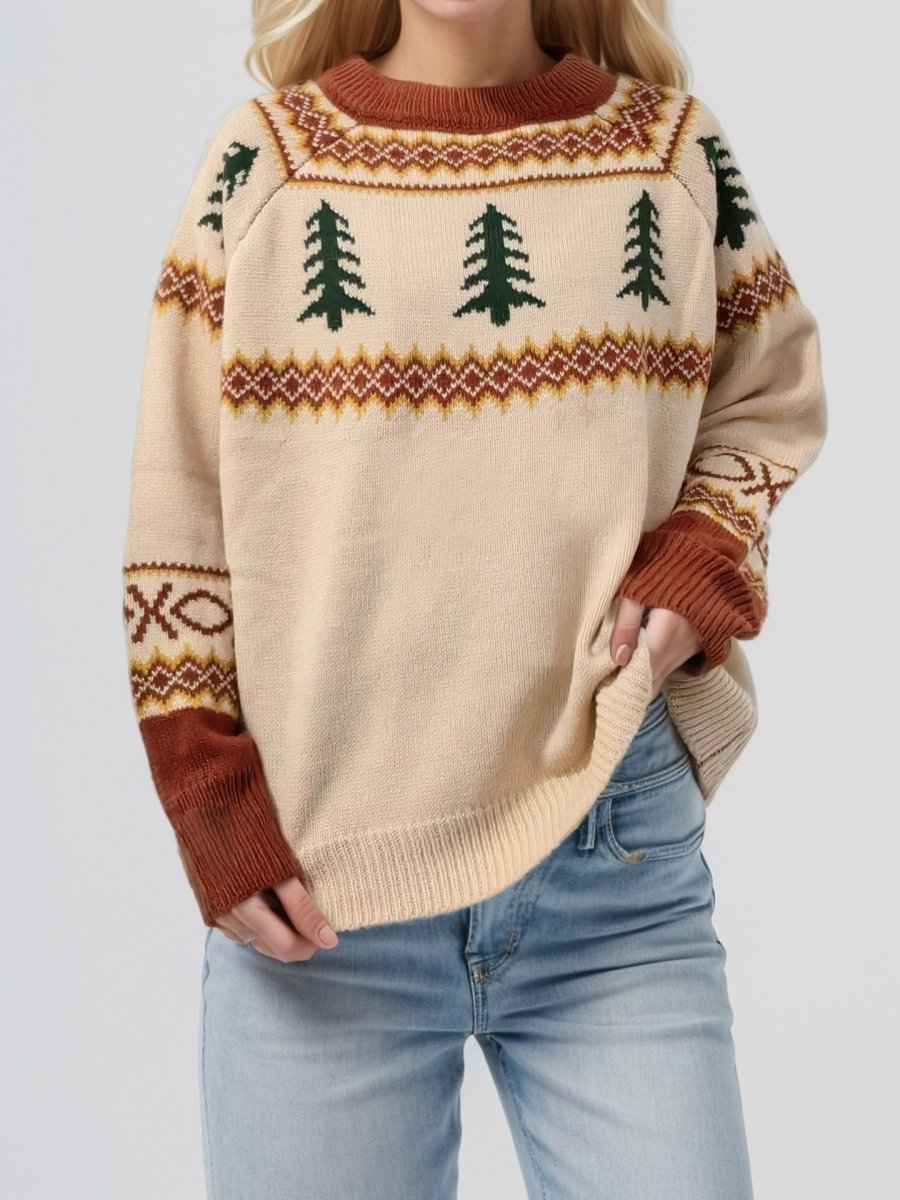 Graphic Round Neck Long Sleeve Sweater - S. M. & Co.