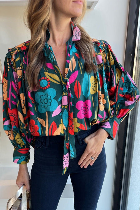 Green Floral Knot Split Neck Puff Sleeve Blouse - S. M. & Co. Shirts & Tops