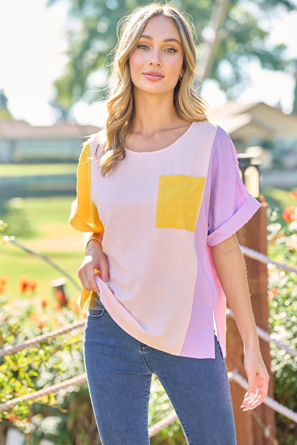 Hailey & Co Full Size Color Block Short Sleeve Top - S. M. & Co.