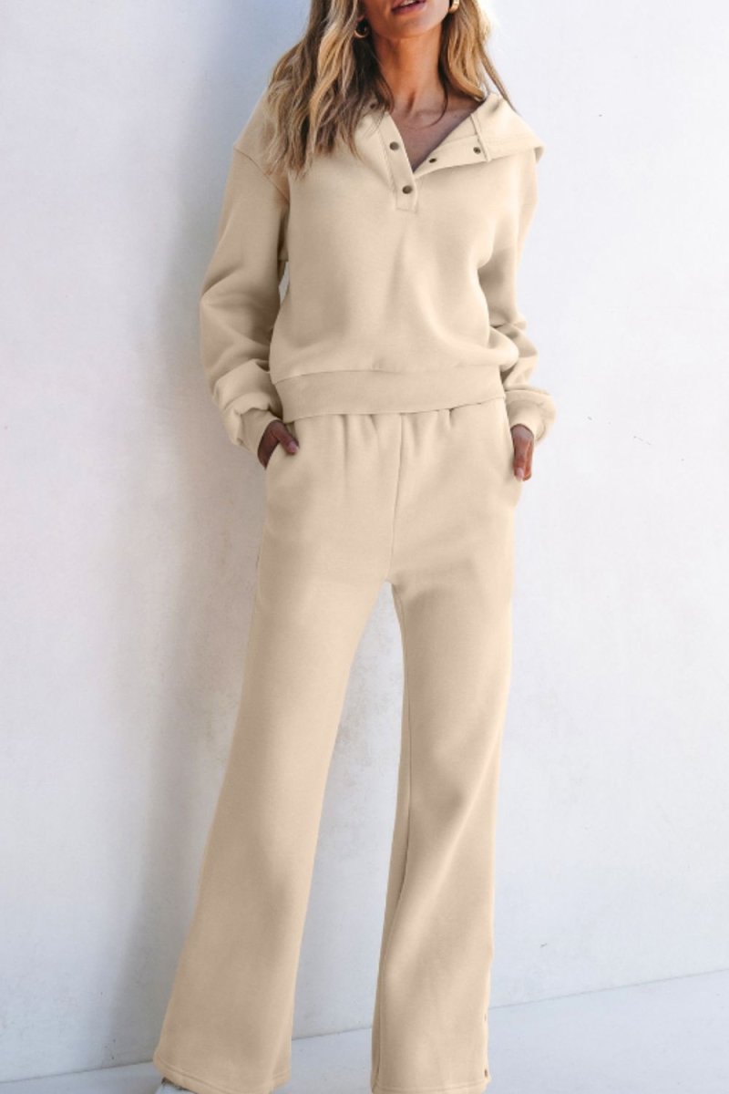 Half Snap Long Sleeve Hooded Top and Pants Set - S. M. & Co.