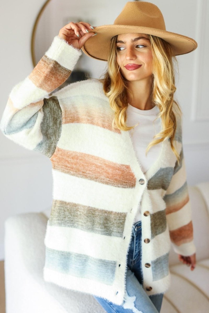 Haptics Full Size Button Down Stripe Soft Fuzzy Sweater Cardigan - S. M. & Co. Fuzzy Sweater