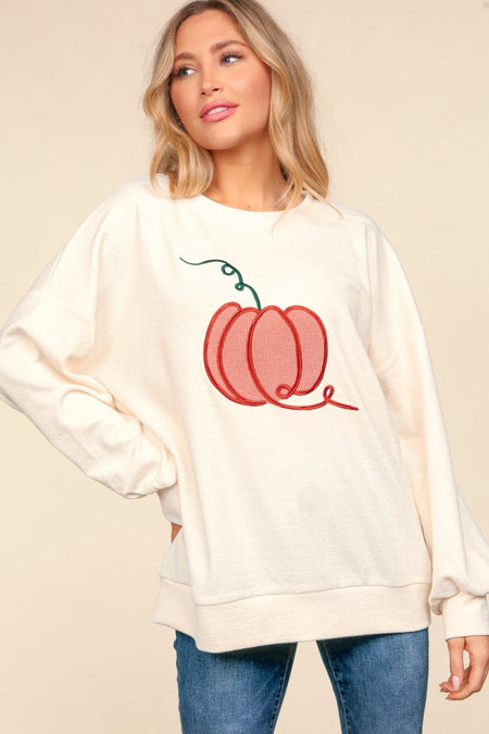 Haptics Full Size Embroidery Pumpkin Long Sleeve Knit Top - S. M. & Co.