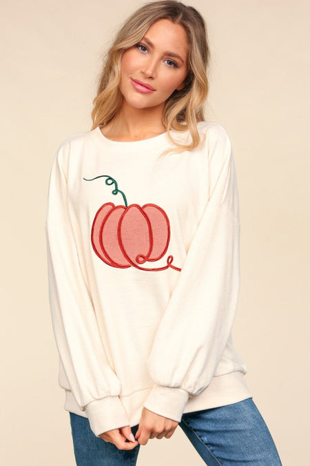 Haptics Full Size Embroidery Pumpkin Long Sleeve Knit Top - S. M. & Co.