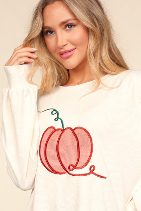 Haptics Full Size Embroidery Pumpkin Long Sleeve Knit Top - S. M. & Co.