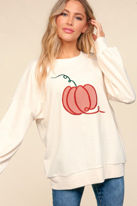 Haptics Full Size Embroidery Pumpkin Long Sleeve Knit Top - S. M. & Co.