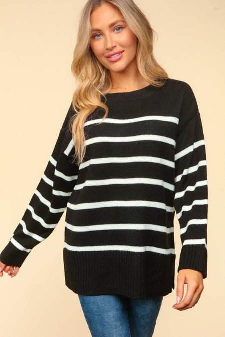 Haptics Full Size Striped Contrast Side Slit Sweater - S. M. & Co. Side Slit Sweater