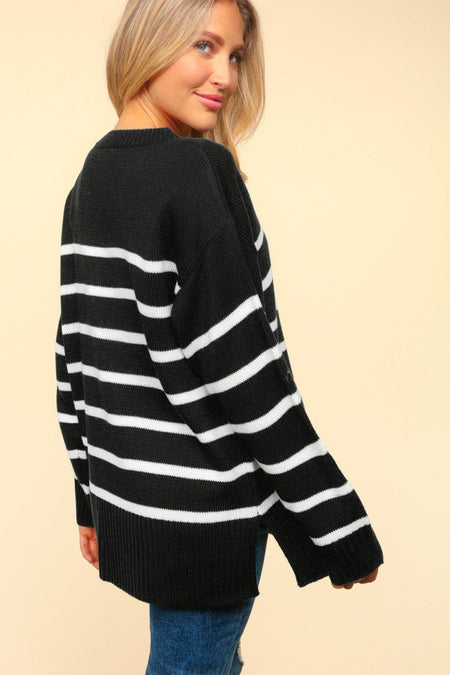 Haptics Full Size Striped Contrast Side Slit Sweater - S. M. & Co. Side Slit Sweater