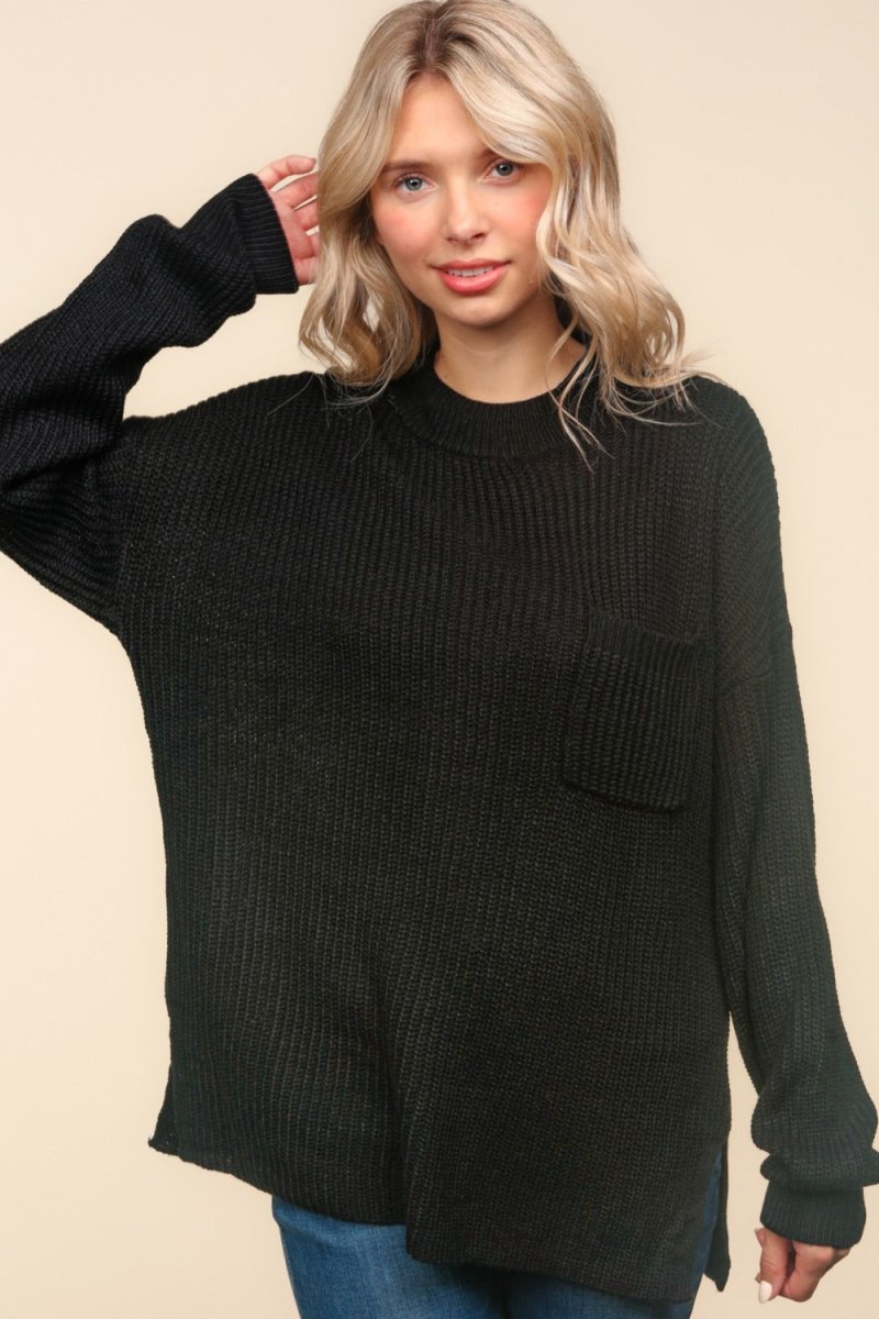 Haptics Mock Neck Side Slit Knit Top - S. M. & Co.