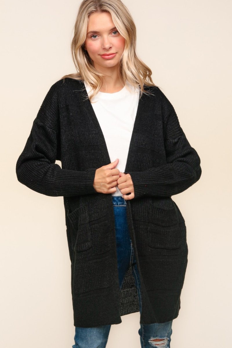 Haptics Stripe Textured Open Front Cardigan with Pockets - S. M. & Co.