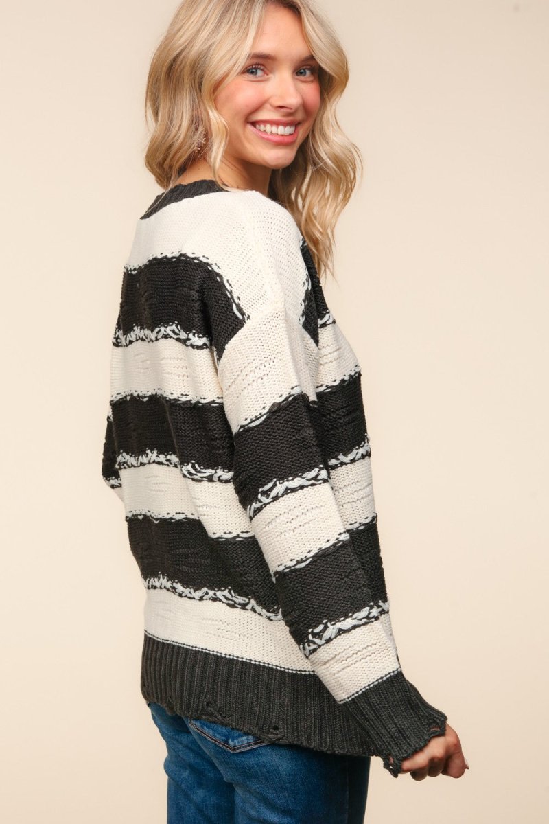 Haptics Striped Contrast Distressed Sweater - S. M. & Co.