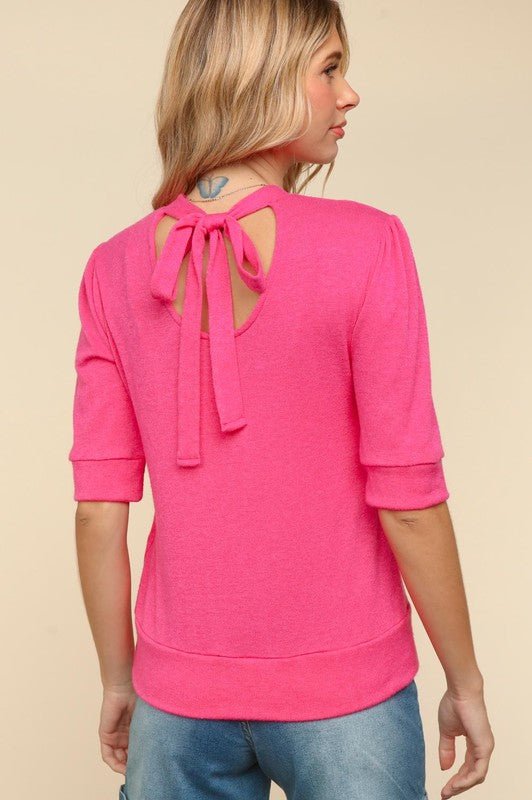 Haptics Tied Back Mock Neck Half Sleeve Knit Top - S. M. & Co.